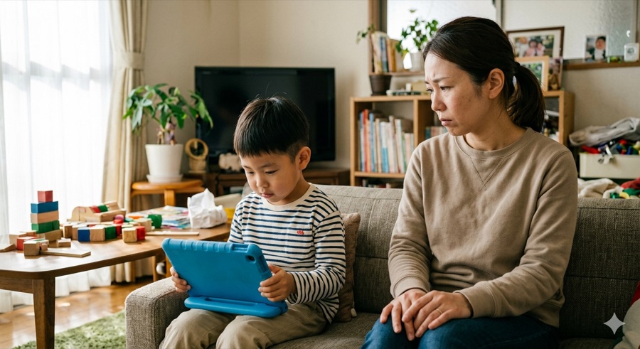 リビングで子どもがタブレットを見ている様子